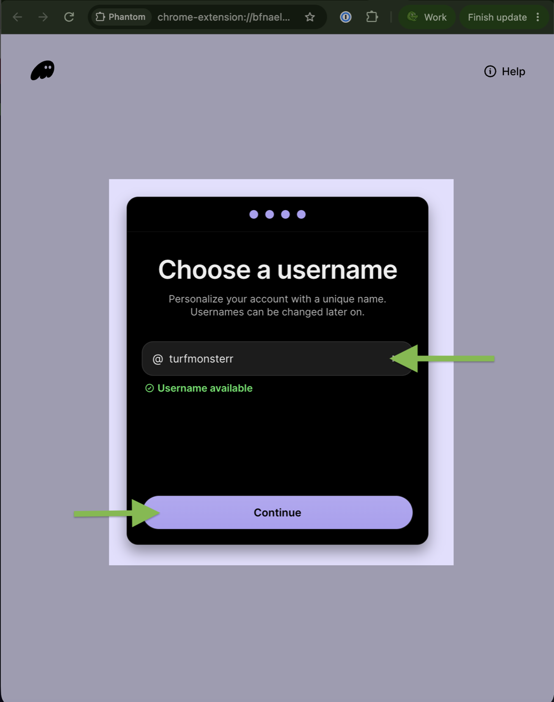 Choose a username screen showing an available username